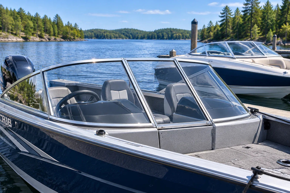 Clear framed windshield on a blue fishing boat, with a white bowrider and curved windshield behind at a lakeside dock.