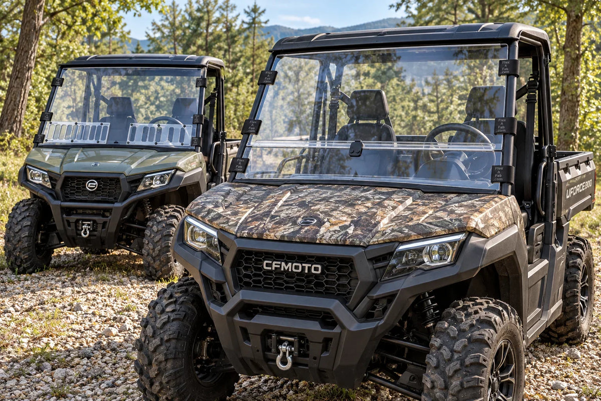 Illustration of CFMOTO UFORCE 800 with a split windshield in front and a full vented windshield on a second vehicle behind.