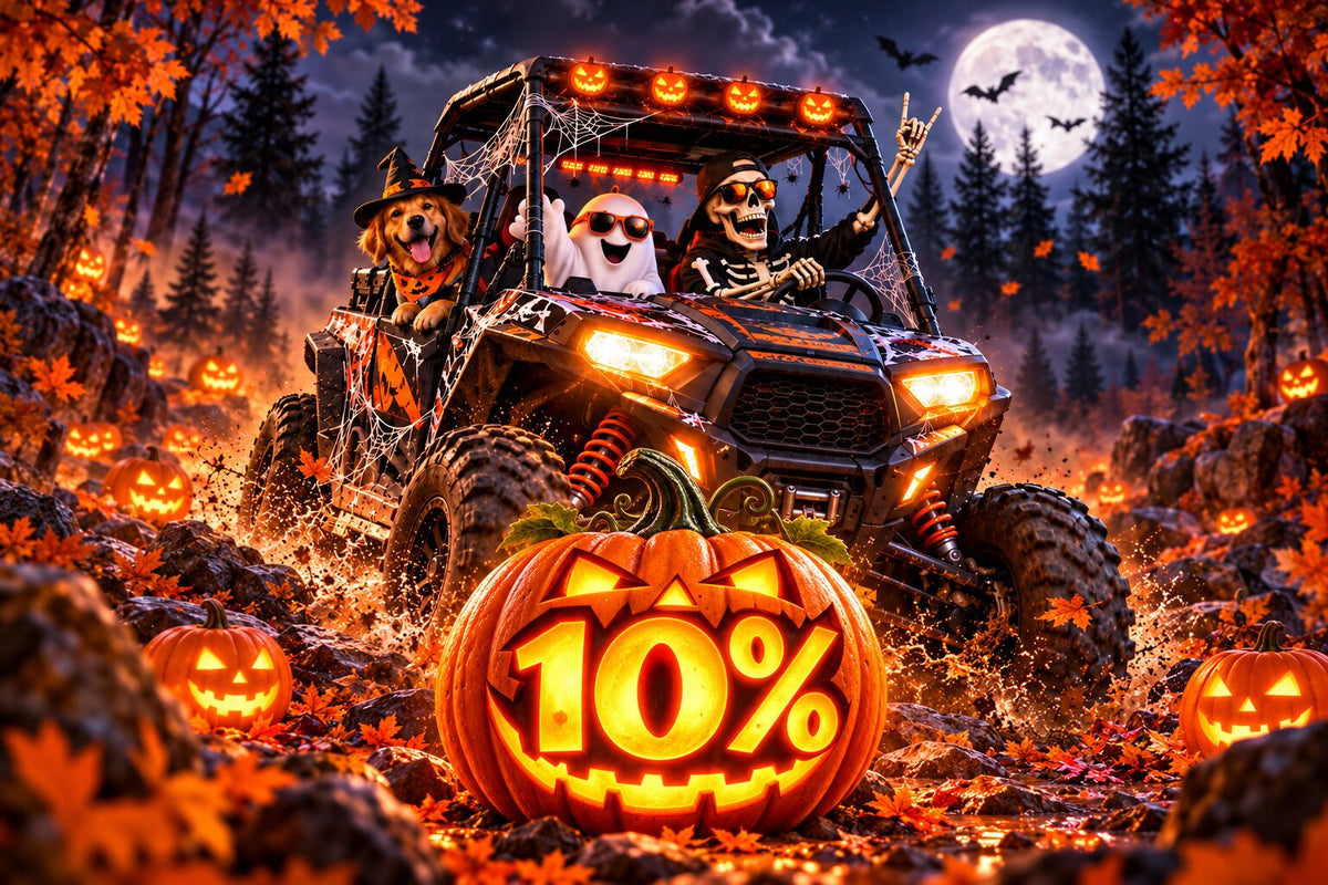 Halloween illustration of a ghost, skeleton and witch-hat dog in a fictional UTV, with a glowing 10% pumpkin on a moonlit forest trail.