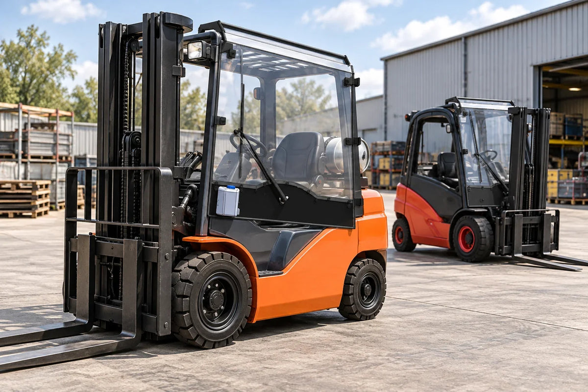 Orange Toyota-style forklift with a clear windshield and roof panel, with a red Linde-style forklift behind.