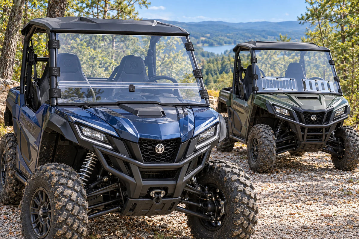 Illustration of Yamaha Wolverine 850 X2 / 1000 RMAX-2 with a split windshield in front and a full vented windshield on a second vehicle behind.