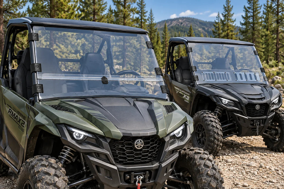 Illustration of Yamaha Wolverine X2 850 / RMAX2 1000 with a split windshield in front and a full vented windshield on a second vehicle behind.