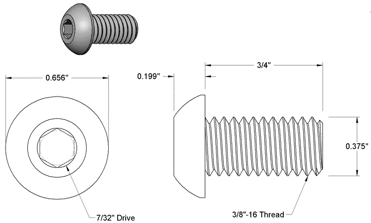 Button Head Hex Drive Screw Black-Oxide Alloy Steel 3/8''-16 Thread - PG-SCW-3/8-16T-BS-OX