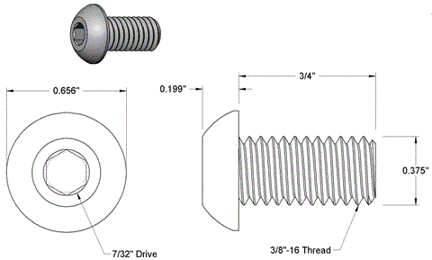 Button Head Hex Drive Screw Black-Oxide Alloy Steel 3/8''-16 Thread - PG-SCW-3/8-16T-BS-OX