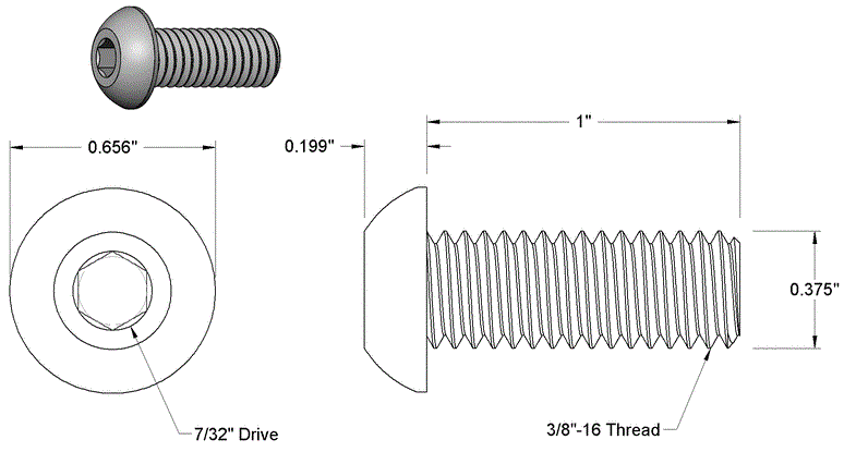 Button Head Hex Drive Screw Black-Oxide Alloy Steel 3/8''-16 Thread - PG-SCW-3/8-16T-BS-OX