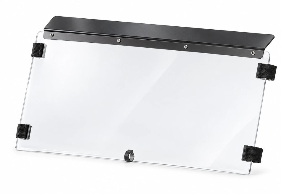 CFMOTO UForce 500 / 800 upper half windshield for 2015–2022, clear panel with black mounting hardware