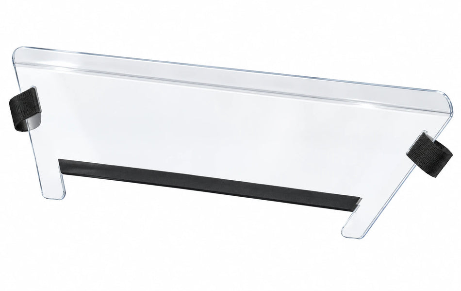Clear lower half windshield for CFMOTO ZFORCE 950 Sport with folded upper edge, two woven straps and black lower rubber trim