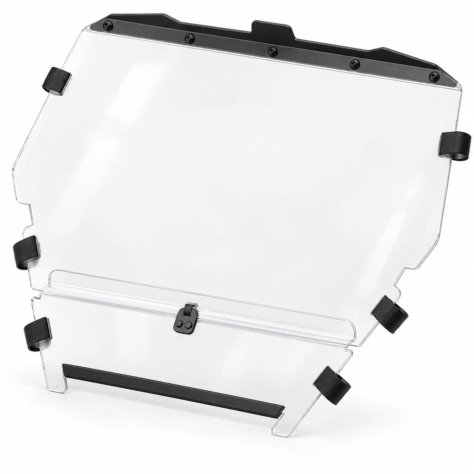 CFMOTO ZFORCE Z950 Sport clear two-piece windshield with six hook-and-loop straps, centre clip and black rubber trim