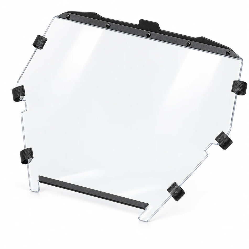 CFMOTO ZFORCE Z950 Sport clear full windshield without vents, with textured black roof deflector, six woven straps and rubber trim