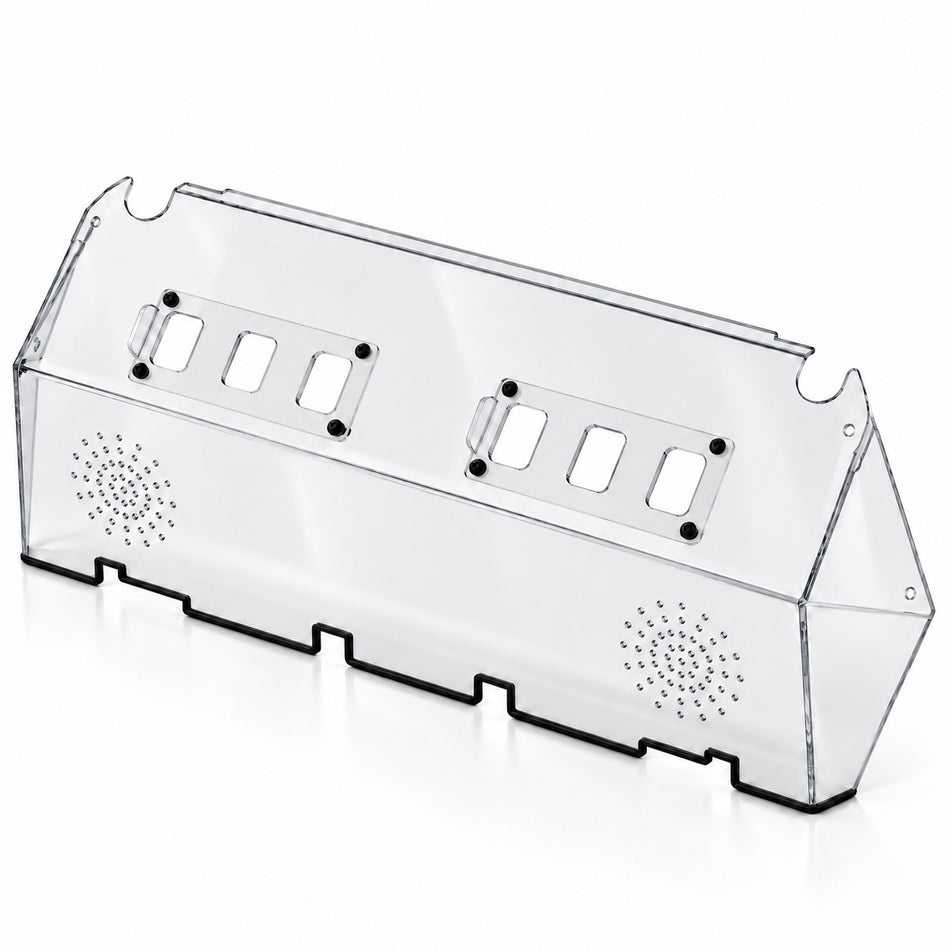 Clear Polaris RZR PRO XP 2025+ rear window with two sliding vents and speaker perforations, shown without mounting clamps.