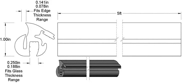 Perfil EPDM ilustrativo de la ficha original; confirme el perfil exacto de la junta parabrisas/techo de 3 pies para PG-POS-1/4-1/4GX1-3/64H-EPDM-3